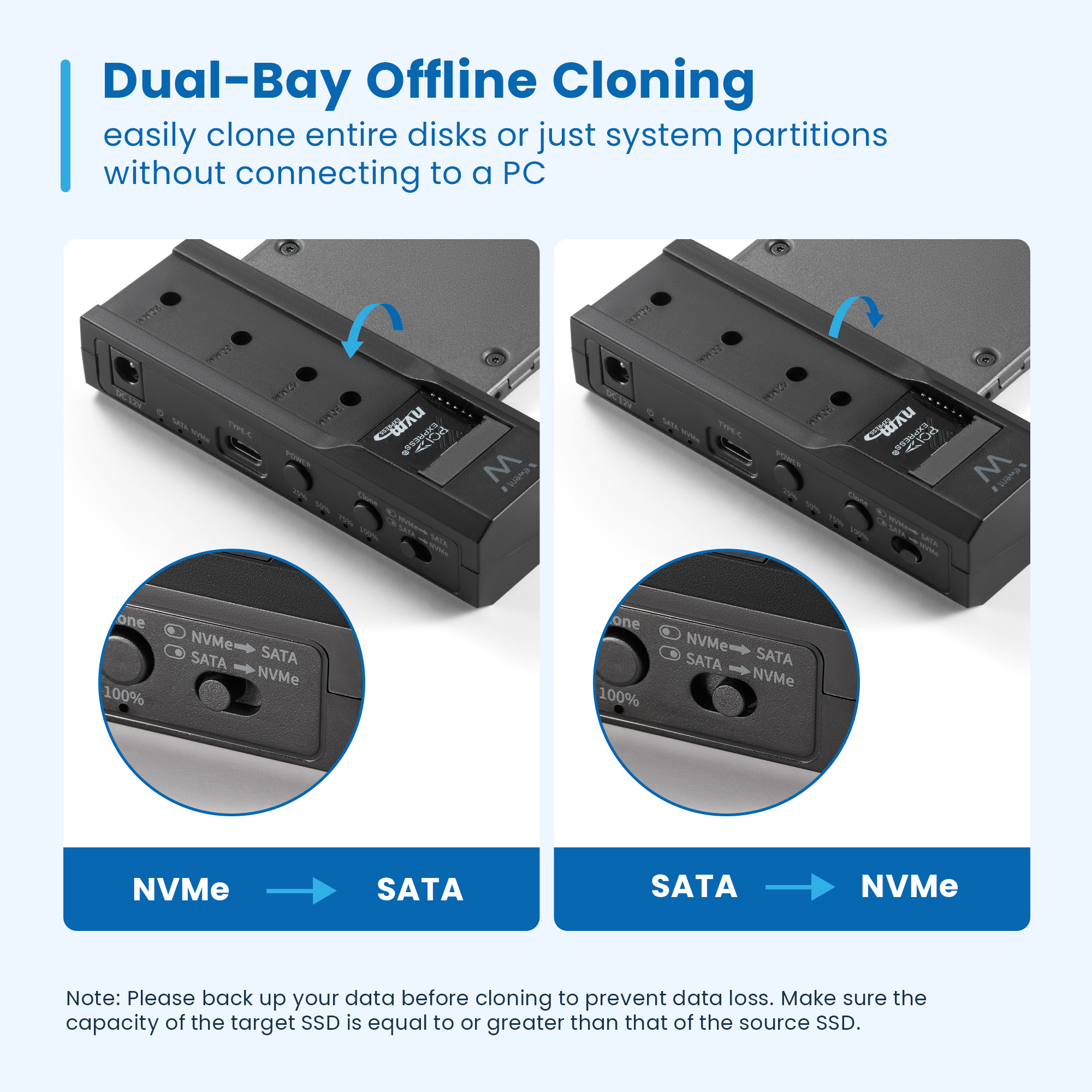 CLONADOR DUAL BAY EWENT EW7065 SATA 2,5/3,5 A NVME O DE NVME A SATA DE 2,5/3,5 - miniatura 3